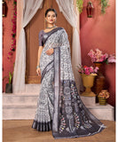 Varanga Black And White Linen Designer Saree With Zari Border