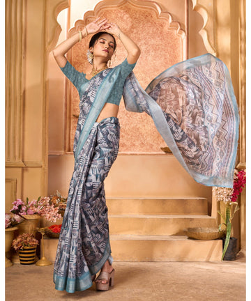 Varanga Light Blue Linen Designer Saree With Zari Border