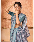 Varanga Light Blue Linen Designer Saree With Zari Border