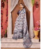 Varanga Grey Linen Designer Saree With Zari Border