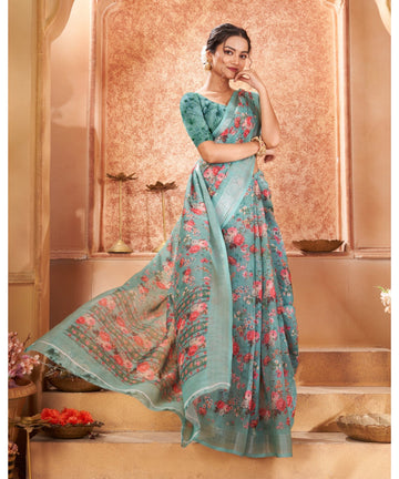 Varanga Light Teal Linen Designer Saree With Zari Border