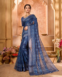 Varanga Dark Blue Linen Designer Saree With Zari Border