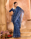 Varanga Dark Blue Linen Designer Saree With Zari Border