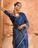 Varanga Dark Blue Linen Designer Saree With Zari Border