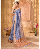 Varanga Blue Linen Designer Saree With Zari Border