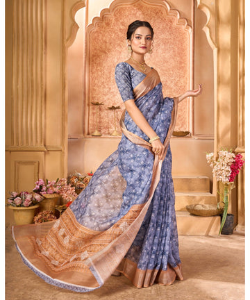 Varanga Blue Linen Designer Saree With Zari Border