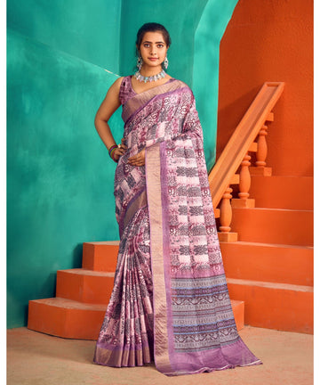 Varanga Light Purple Cotton Handloom Digital Saree With Zari Border