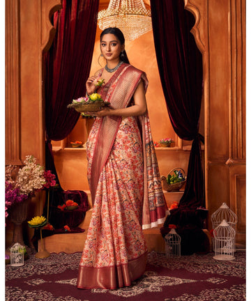 Varanga Light Orange Linen Designer Saree With Zari Border