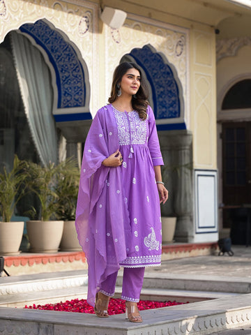 Varanga Lavender Thread Embroidered Kurta Paired With Tonal Bottom And Dupatta
