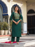 Varanga Women Green straight kurta, embellished at yoke with three quarter sleeves paired with tonal bottom and contrast printed bhagalpuri dupatta