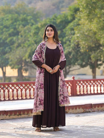 Varanga Coffee Brown Anarkali Kurta Paired With Contrast Dupatta