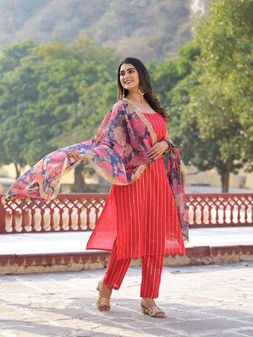 Varanga Women Women Pink Floral Printed Round Neck Gota Embellished Anarkali Kurta Paired With Tonal Bottom And Chiffon Solid Dupatta