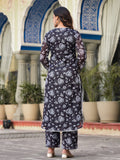 Varanga Women Black Floral Printed Kota Check Round Neck Straight Kurta With Printed Bottom