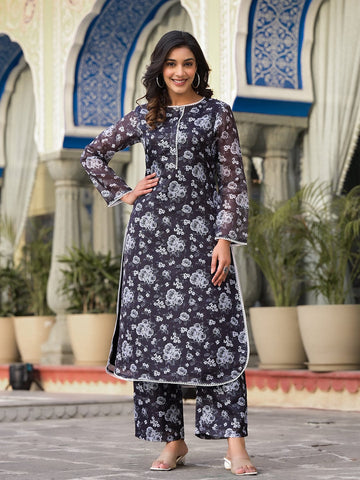 Varanga Women Black Floral Printed Kota Check Round Neck Straight Kurta With Printed Bottom