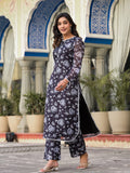 Varanga Women Black Floral Printed Kota Check Round Neck Straight Kurta With Printed Bottom