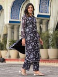 Varanga Women Black Floral Printed Kota Check Round Neck Straight Kurta With Printed Bottom