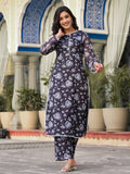 Varanga Women Black Floral Printed Kota Check Round Neck Straight Kurta With Printed Bottom