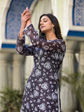 Varanga Women Black Floral Printed Kota Check Round Neck Straight Kurta With Printed Bottom