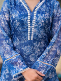 Varanga Women Blue Kota Check Floral Printed Kurta With Bottom