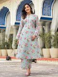 Varanga Women Sea Green Kota Check Floral Printed Kurta With Bottom