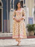 Varanga Women Beige Floral Printed Anarkali Kurta With Tonal Bottom And Dupatta