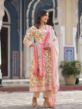 Varanga Women Beige Floral Printed Anarkali Kurta With Tonal Bottom And Dupatta