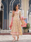 Varanga Women Beige Floral Printed Anarkali Kurta With Tonal Bottom And Dupatta