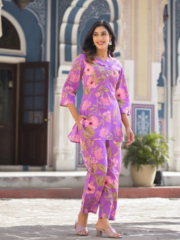 KSUT Women Lavender Floral Printed Cotton Co-Ords