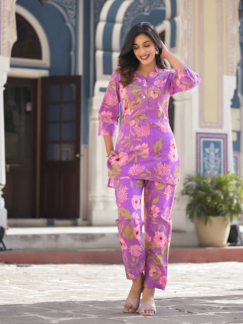 KSUT Women Lavender Floral Printed Cotton Co-Ords