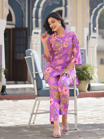 KSUT Women Lavender Floral Printed Cotton Co-Ords