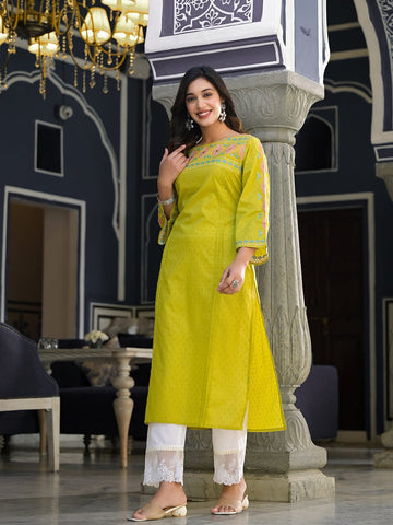 Varanga Women Lime Green Embellished Round Neck Straight Kurta