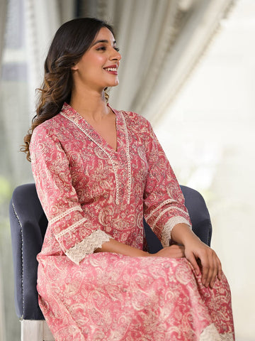 Varanga Women Peach Paisley Printed Lace Embellished A-Line Kurta