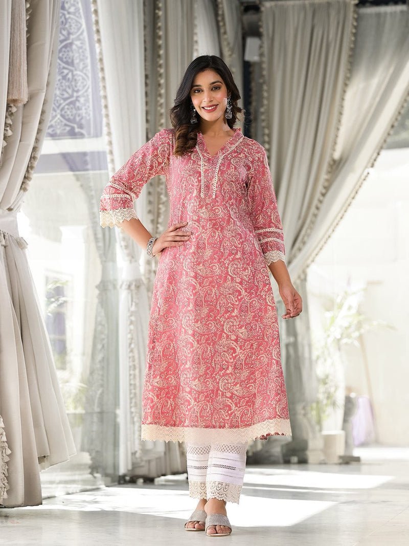 Varanga Women Peach Paisley Printed Lace Embellished A-Line Kurta