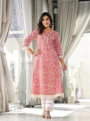 Varanga Women Peach Paisley Printed Lace Embellished A-Line Kurta