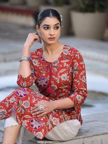 Varanga Women Maroon Round Neck With Drawstring And Embellished With Sequins Straight Kurta
