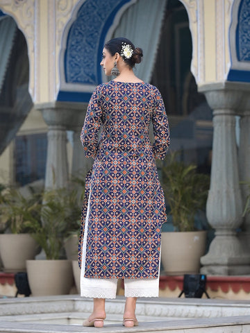 Varanga Women Blue And Beige Abstract Printed Kurta With Gota Work On Yoke And 3/4Th Sleeves