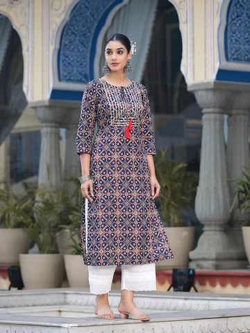 Varanga Women Blue And Beige Abstract Printed Kurta With Gota Work On Yoke And 3/4Th Sleeves
