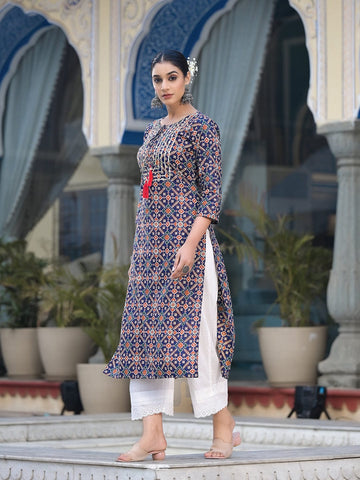 Varanga Women Blue And Beige Abstract Printed Kurta With Gota Work On Yoke And 3/4Th Sleeves