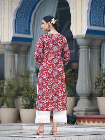 Varanga Women Maroon Floral Printed Straight Kurta With Side Slits