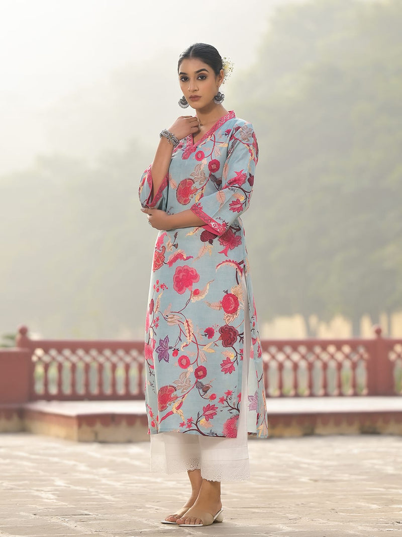 Varanga Women Sea Green Floral Printed Straight Kurta With 3/4Th Bell Sleeve.