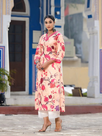 Varanga Women Mustard Floral Printed Kurta With V-Neck And Three Quarter Bell Sleeves