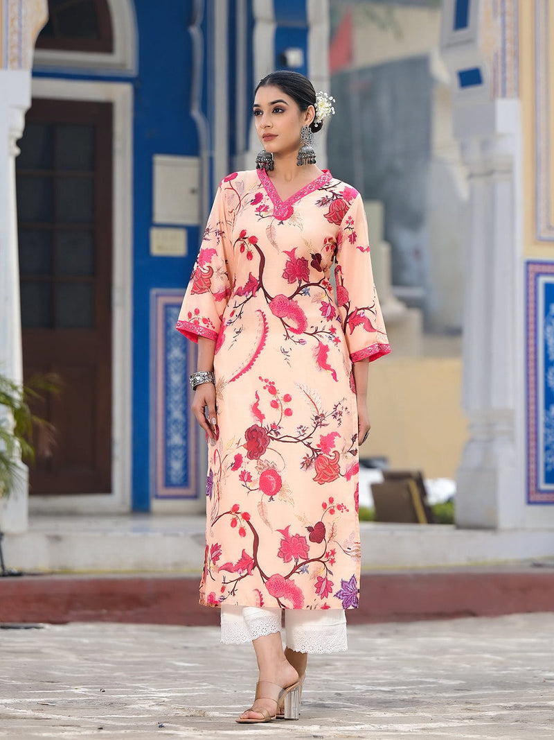Varanga Women Mustard Floral Printed Kurta With V-Neck And Three Quarter Bell Sleeves