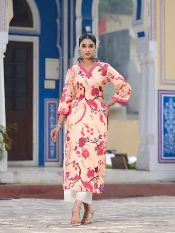 Varanga Women Mustard Floral Printed Kurta With V-Neck And Three Quarter Bell Sleeves