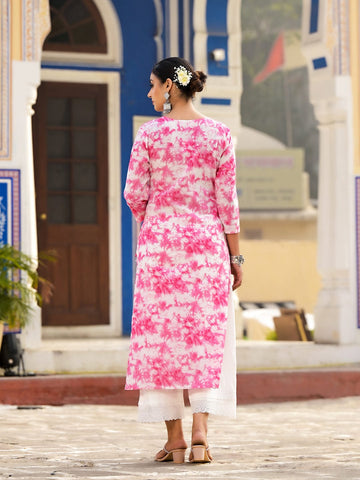 Varanga Women Pink Shibori Straight Kurta With Embroidered Neckline