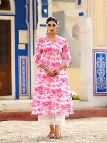Varanga Women Pink Shibori Straight Kurta With Embroidered Neckline