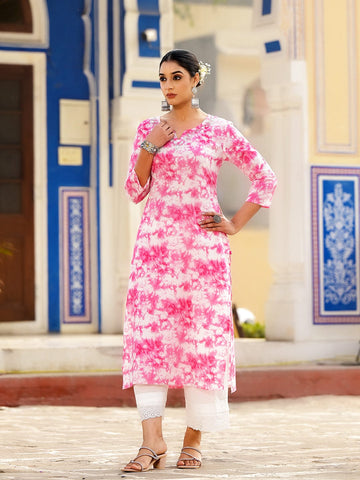 Varanga Women Pink Shibori Straight Kurta With Embroidered Neckline