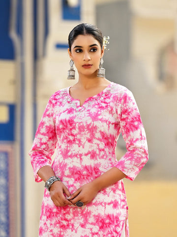 Varanga Women Pink Shibori Straight Kurta With Embroidered Neckline