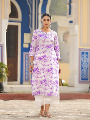 Varanga Women Purple Shibori Straight Kurta With Embroidered Neckline
