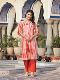 Varanga straight kurta with round neck paired with blue solid palazzo and blue solid dupatta.