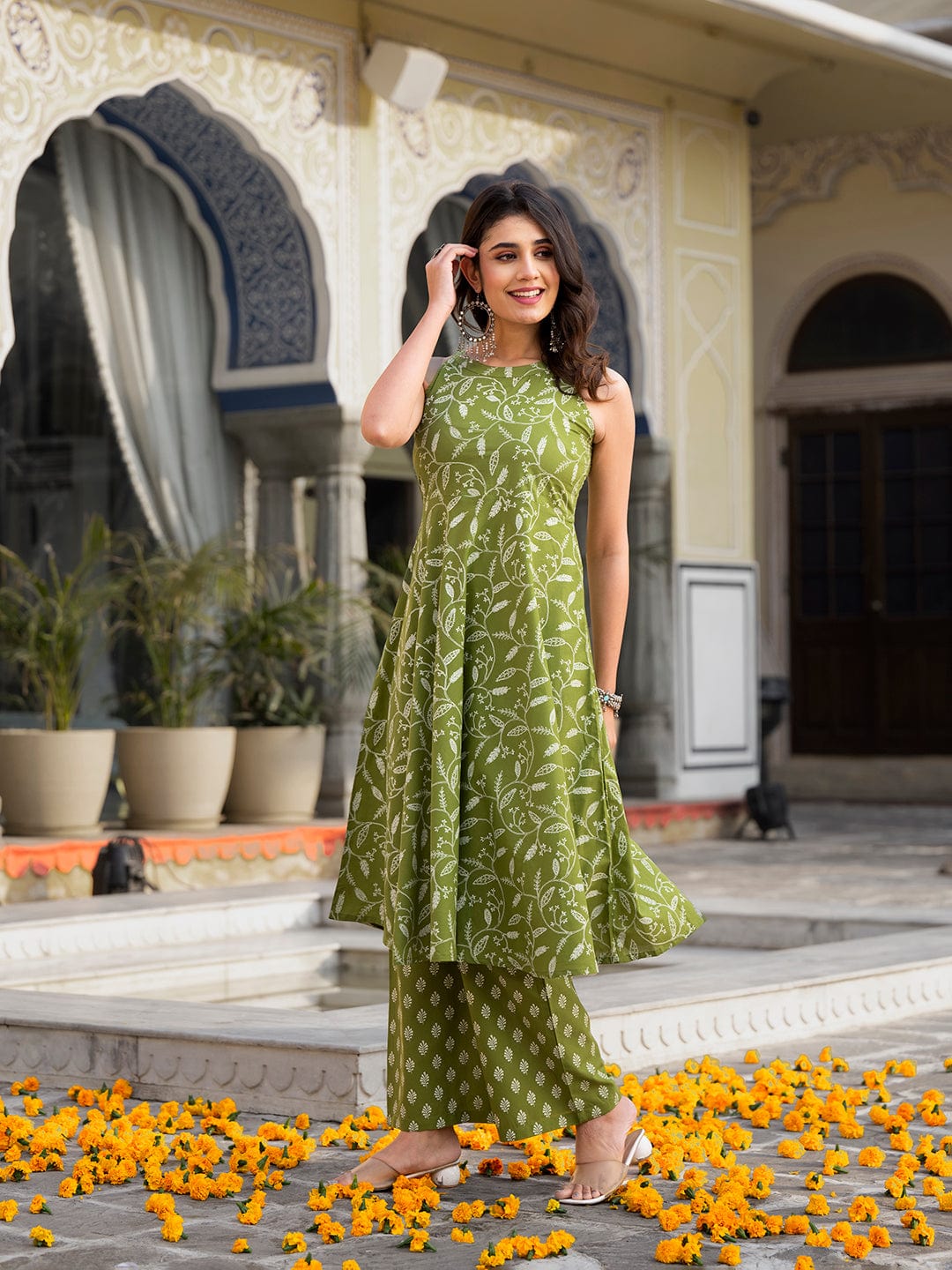 Buy Olive Floral Printed Halter Neck Anarkali Kurta Online Varanga Buy Olive Floral Printed Halter Neck Anarkali Kurta Online Varanga